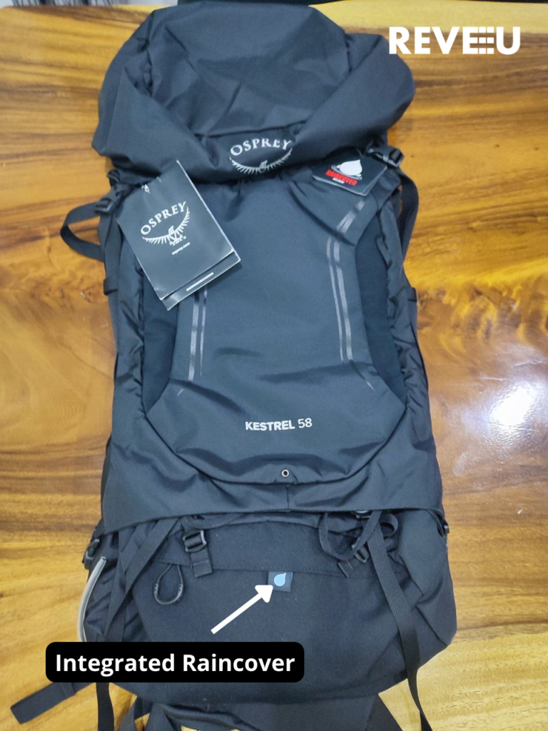 Osprey Kestrel backpack integrated raincover compartment  